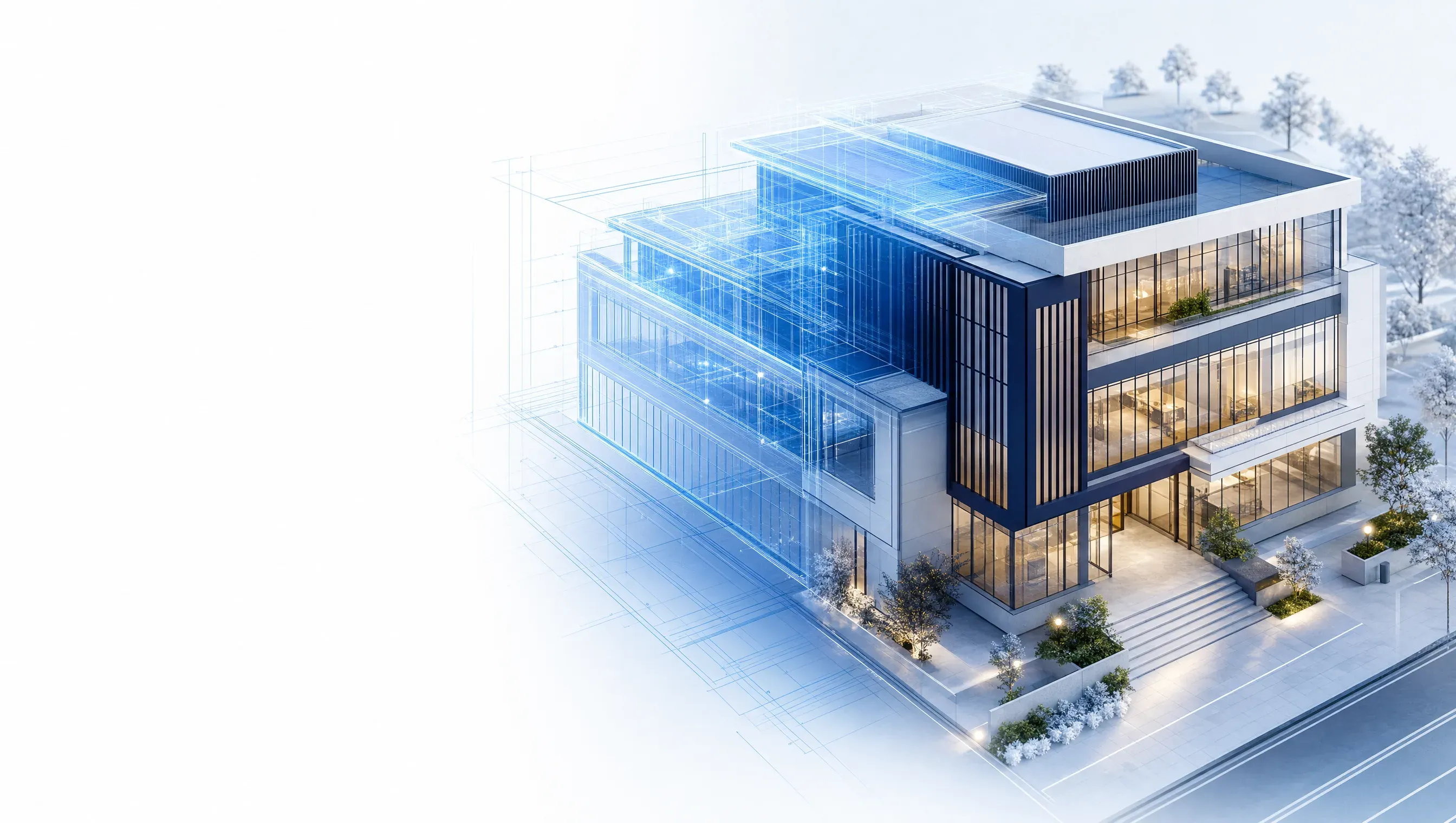 Premium 3D render of a building progressing from a luminous blueprint wireframe into finished physical architecture