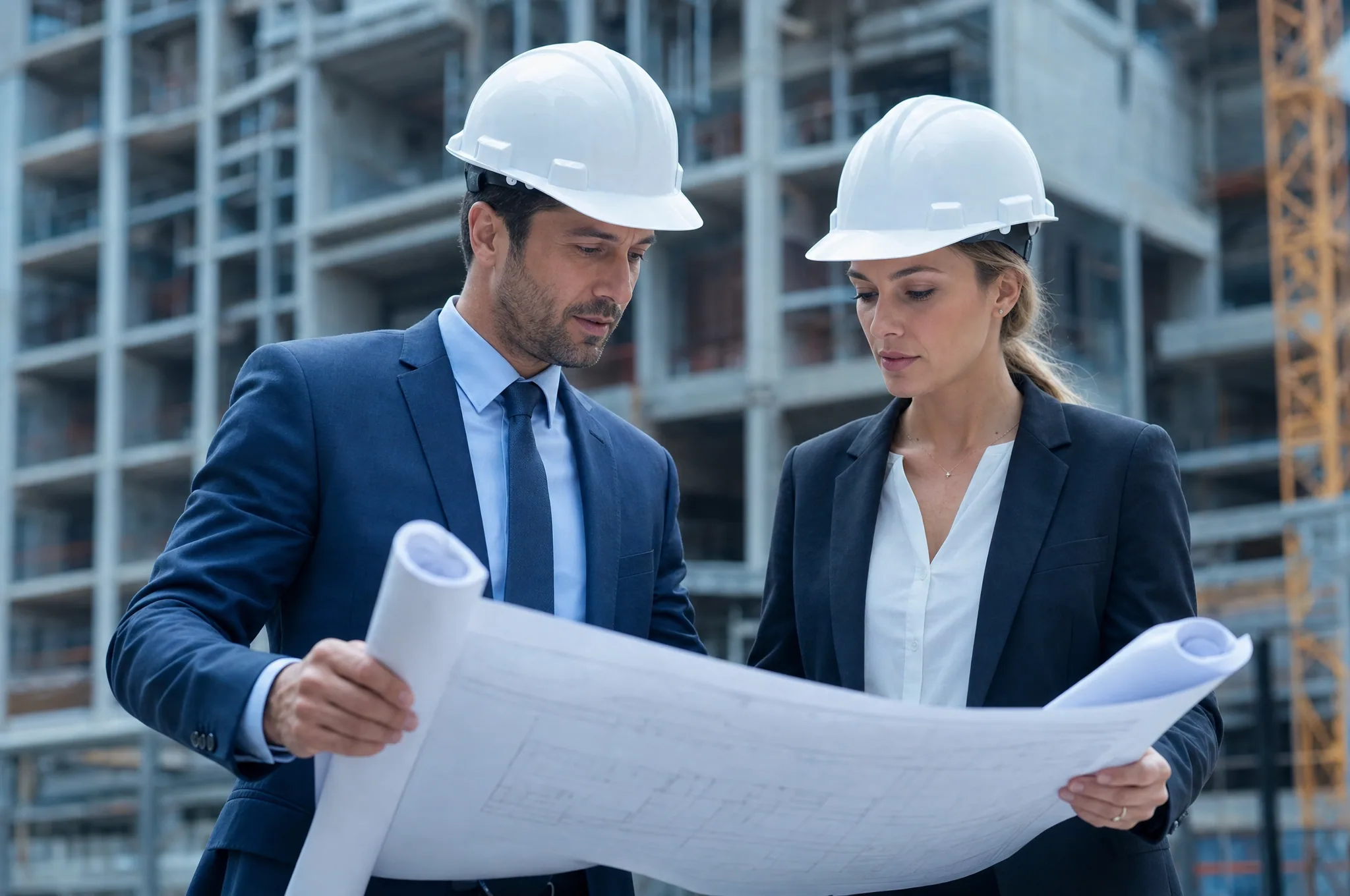 Two architect and engineer professionals in hard hats reviewing blueprints together.