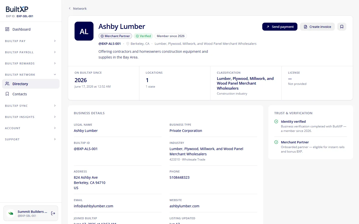 A verified business profile in the BuiltXP Network