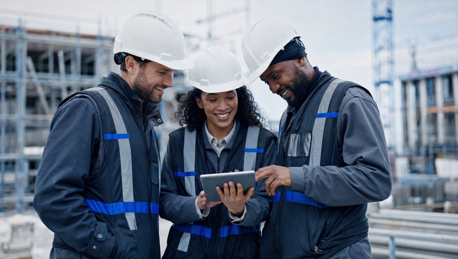 Three construction professionals reviewing project details on a tablet at a job site