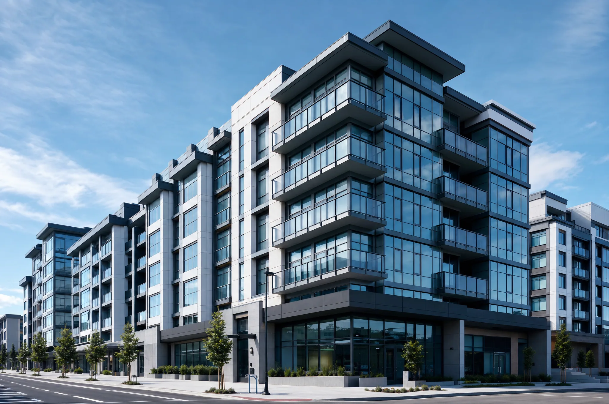 Exterior of a modern newly built multi-story mixed-use development building.
