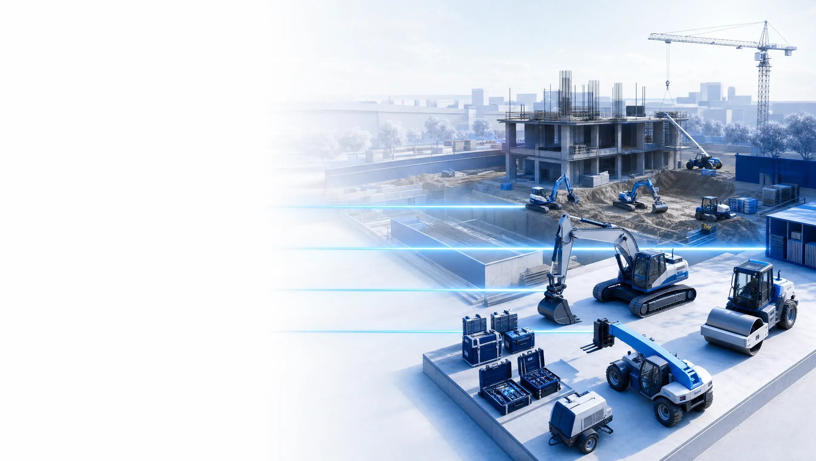 Premium 3D render of a construction equipment yard — excavator, telehandler, and rental fleet — transitioning into an active jobsite