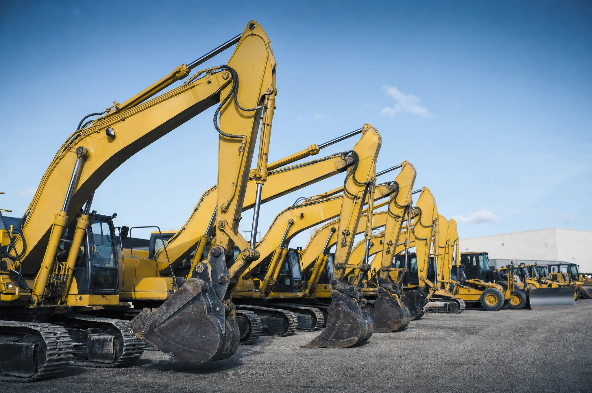 A row of yellow excavators and heavy construction equipment in an equipment rental yard.
