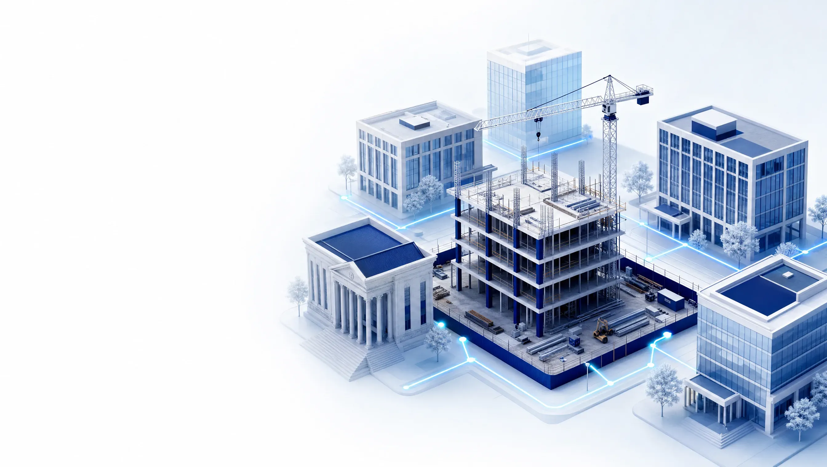 Premium 3D render of an active commercial construction project surrounded by bank, legal, insurance, and audit buildings as environmental touchpoints