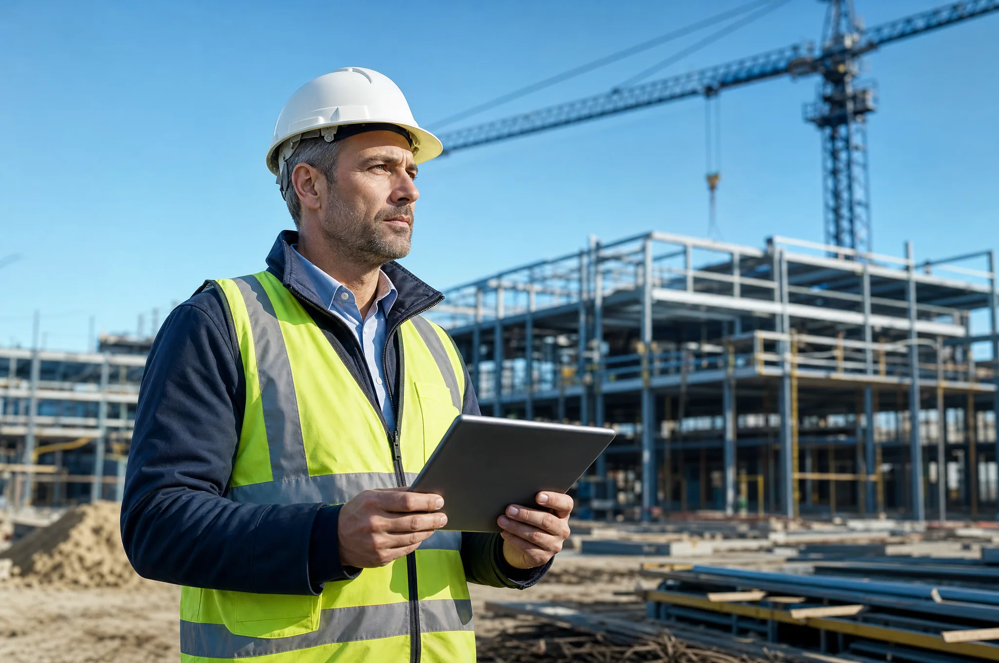 A general contractor in a hi-vis vest and hard hat holding a tablet on an active construction site.