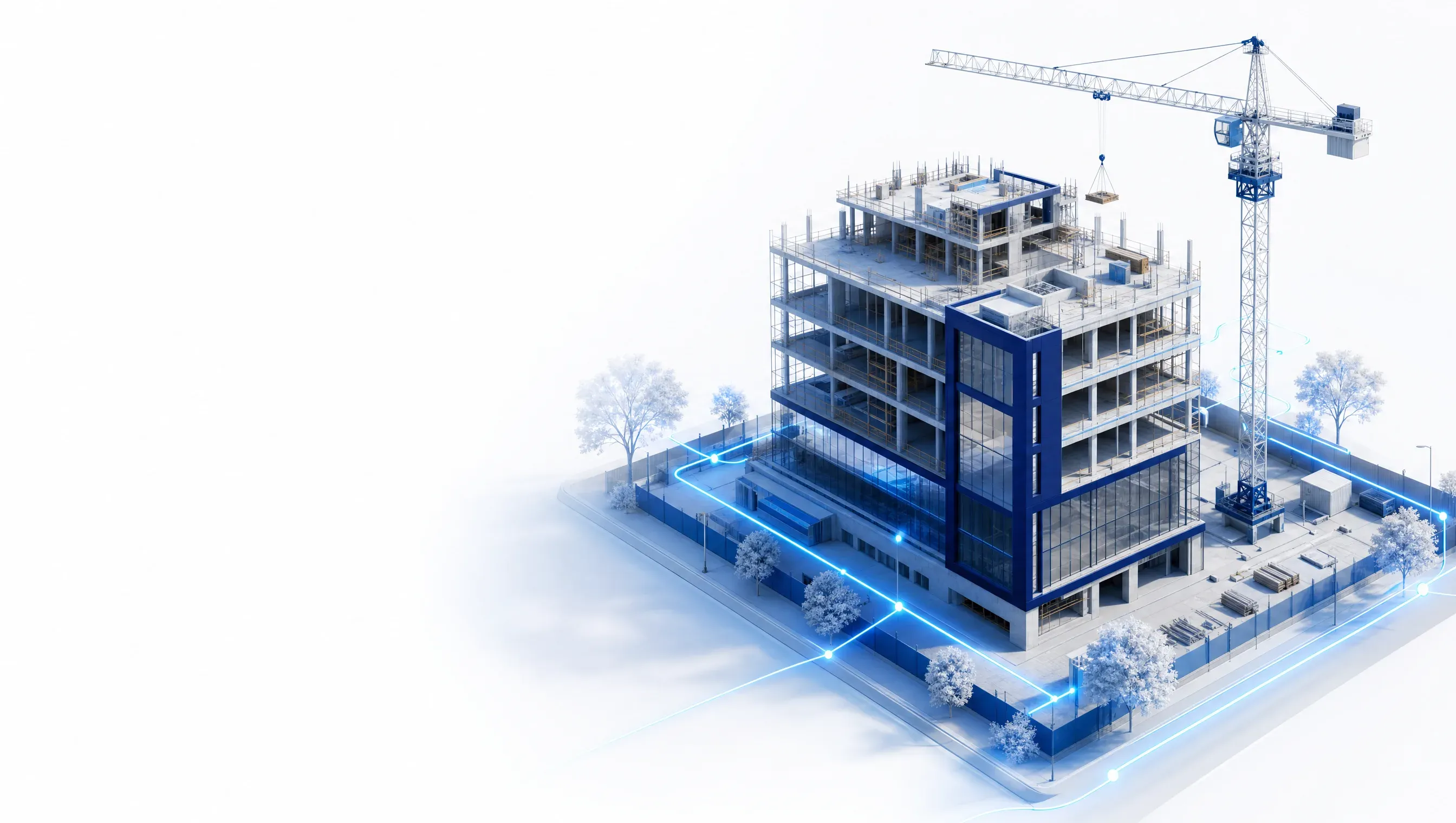 Premium 3D render of a commercial construction site — a mid-rise building with a tower crane, connected by illuminated payment flows