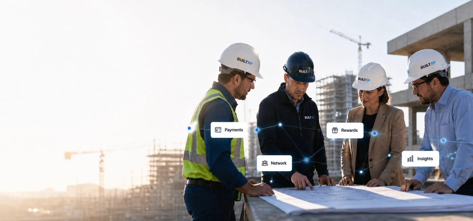 Construction professionals reviewing project plans on a job site, linked by a network of Payments, Network, Rewards and Insights nodes