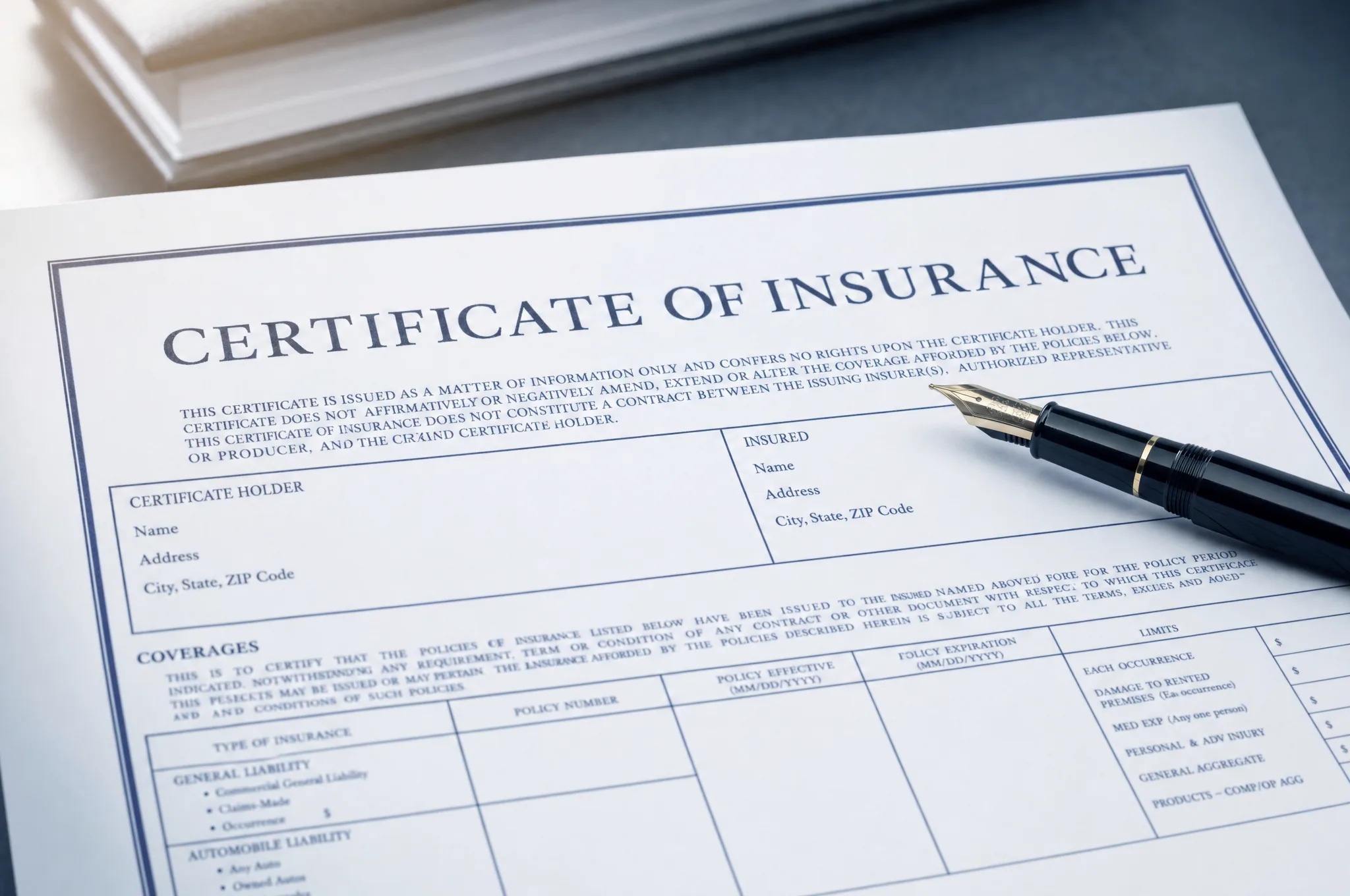 A certificate of insurance document on a desk with a fountain pen resting on it.