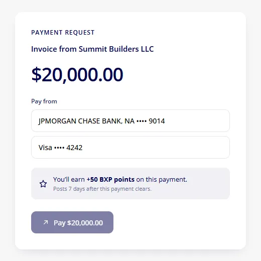 The page a customer sees when they open a BuiltXP invoice link: the amount, a choice of bank account or Visa card, and the reward points the payment earns
