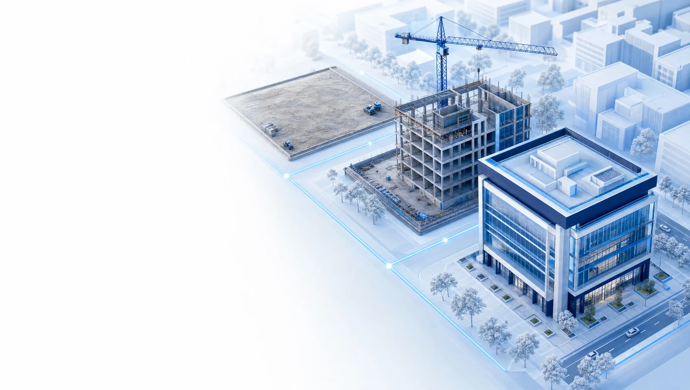 Premium 3D render of a development lifecycle — land parcel, active construction, and a completed commercial property