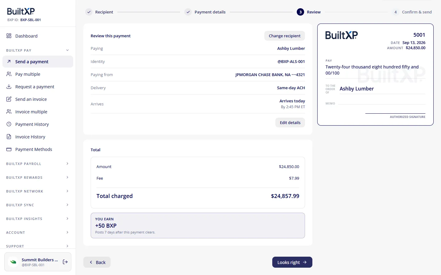 Reviewing a payment before sending it in BuiltXP Pay