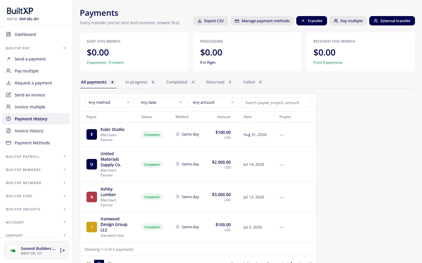 The BuiltXP payments screen with live payment statuses and a payment detail panel