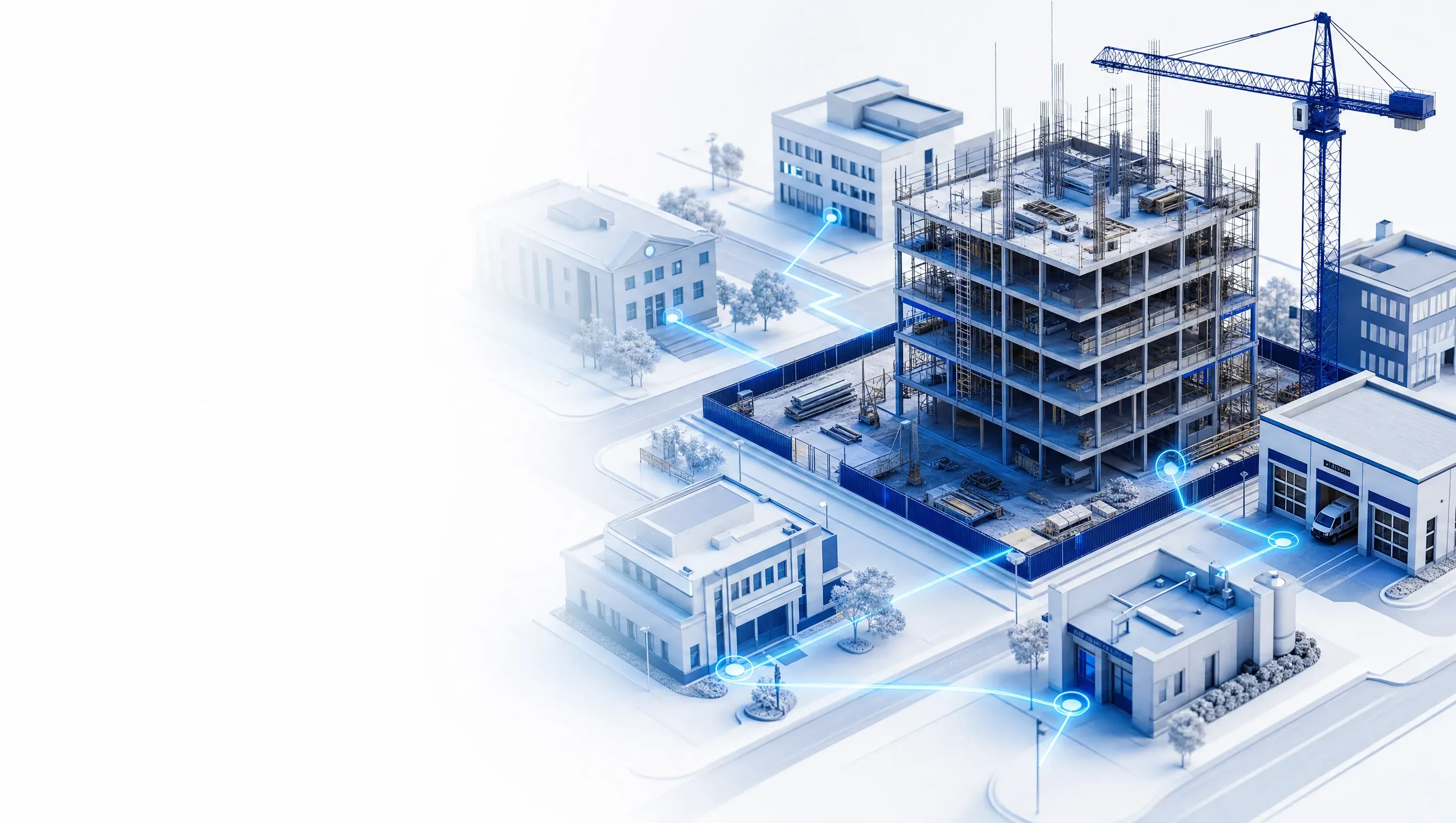 Premium 3D render of an active construction project surrounded by municipal buildings and inspection touchpoints integrated into the environment