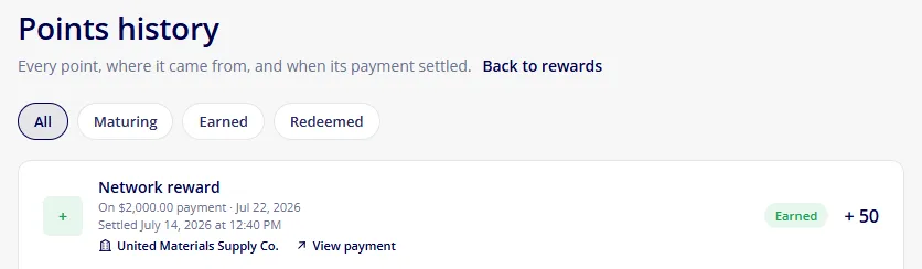 BuiltXP Points history: a network reward of 50 points on a $2,000.00 payment to United Materials Supply Co., marked earned
