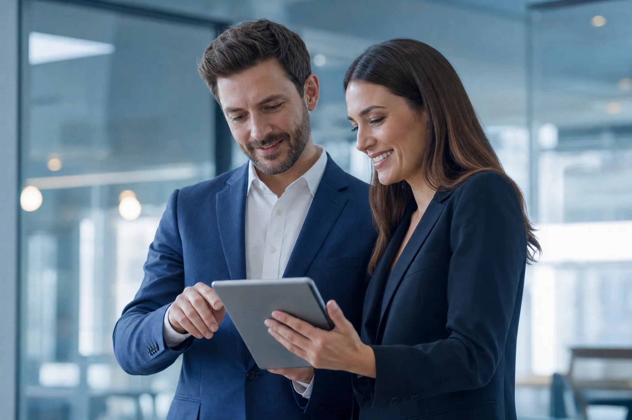 Two business professionals collaborating over a tablet in a bright modern office.
