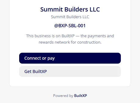 The public BuiltXP card of a general contractor: its name, BuiltXP ID, and Connect or pay and Get BuiltXP buttons