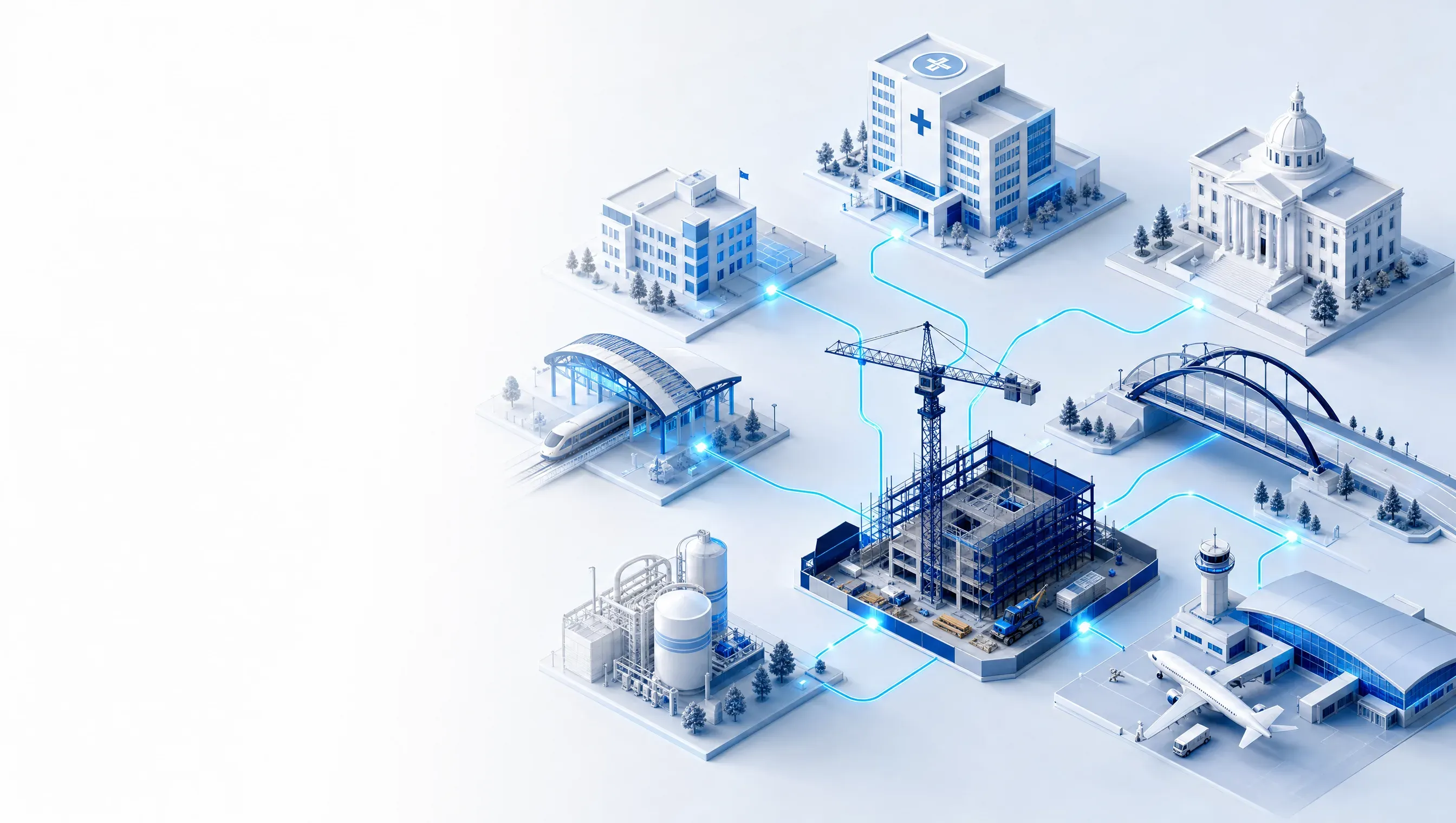 Premium 3D render of civic infrastructure — school, hospital, courthouse, transit station, bridge, and utility facility — connected to an active construction project