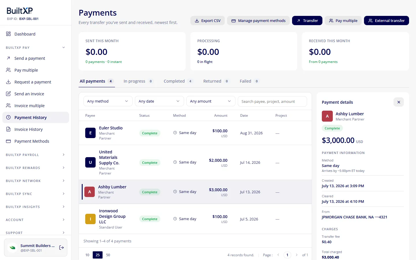 A recorded payment with its full status history in BuiltXP