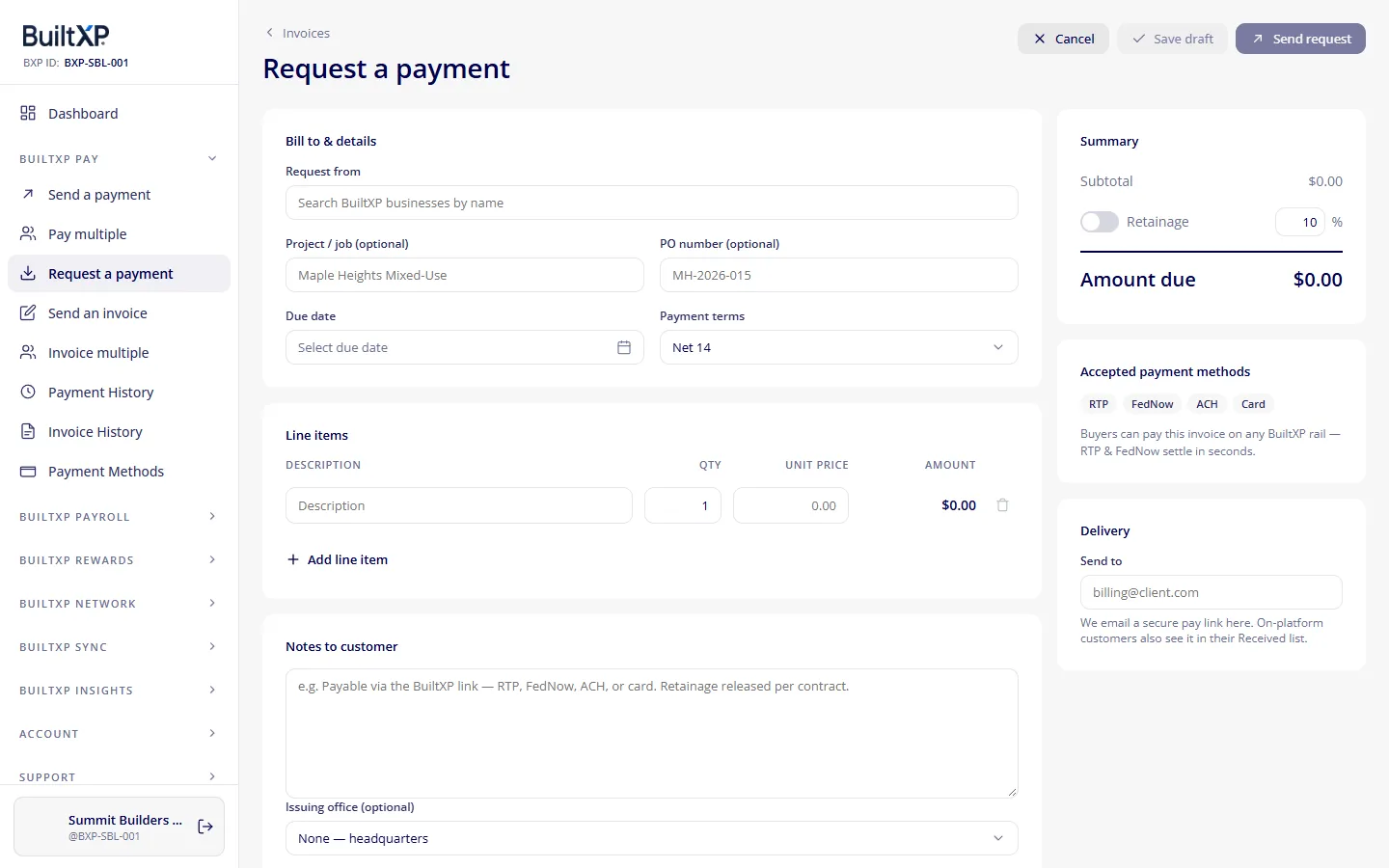The BuiltXP Request a payment screen: project, PO number, payment terms, line items, a retainage toggle, accepted payment methods, and the email a pay link goes to
