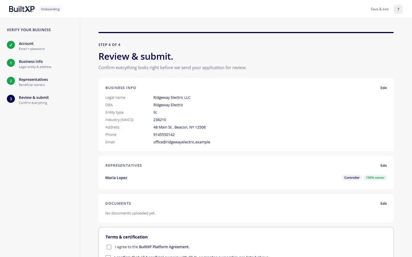 The BuiltXP application's review step for an electrical contractor: business details, one representative who owns 100%, and the terms to accept