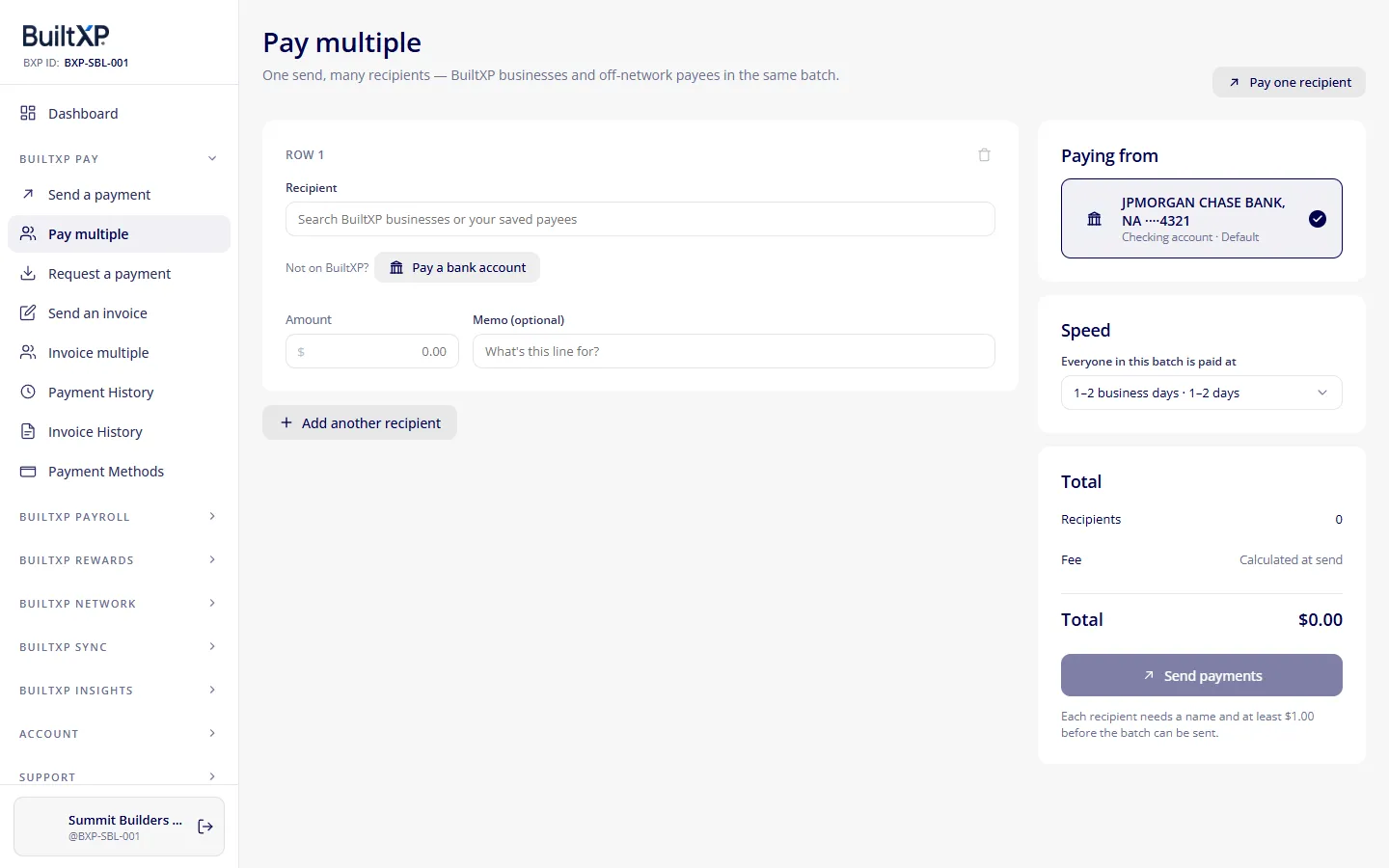 The BuiltXP Pay multiple screen: recipient rows with amount and memo, the account the batch is paid from, its speed, and the batch total