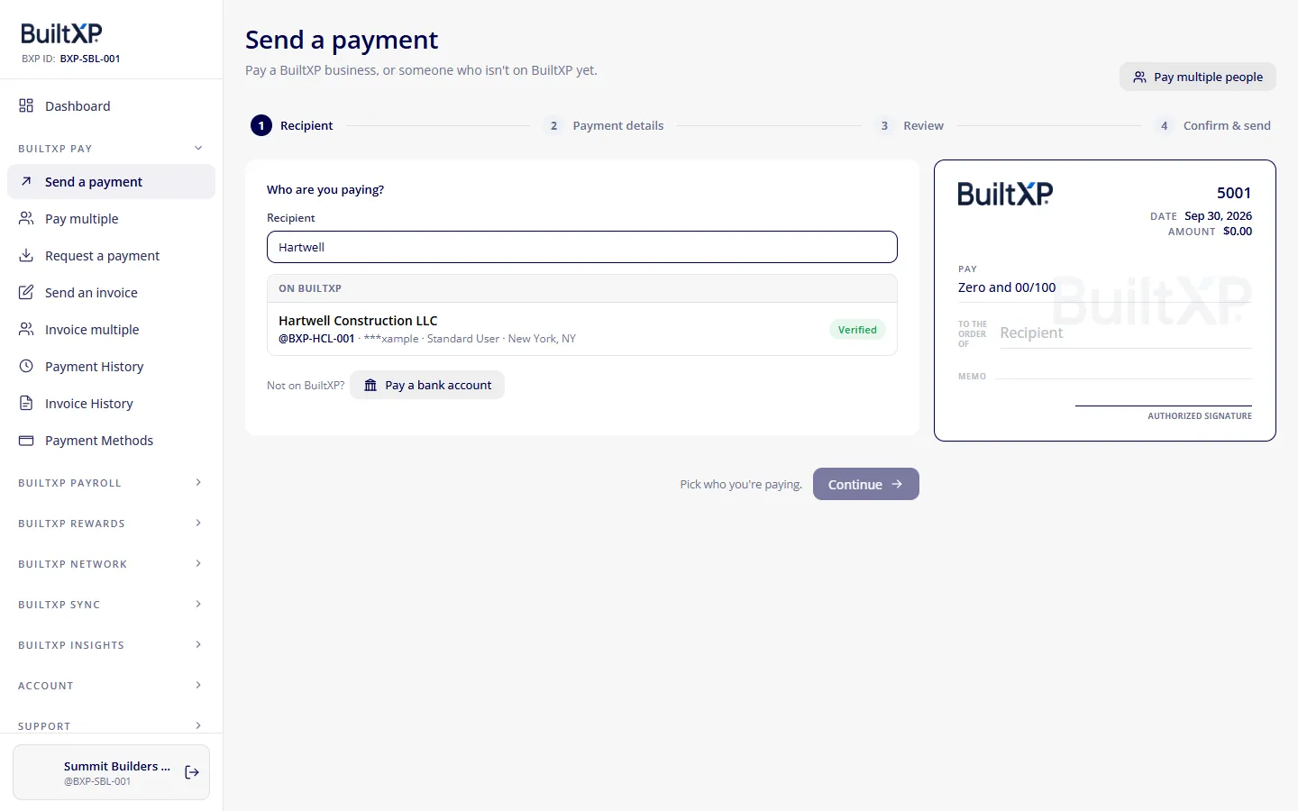 Step one of Send a payment in BuiltXP: a search for Hartwell returns Hartwell Construction LLC, verified, with its BuiltXP ID