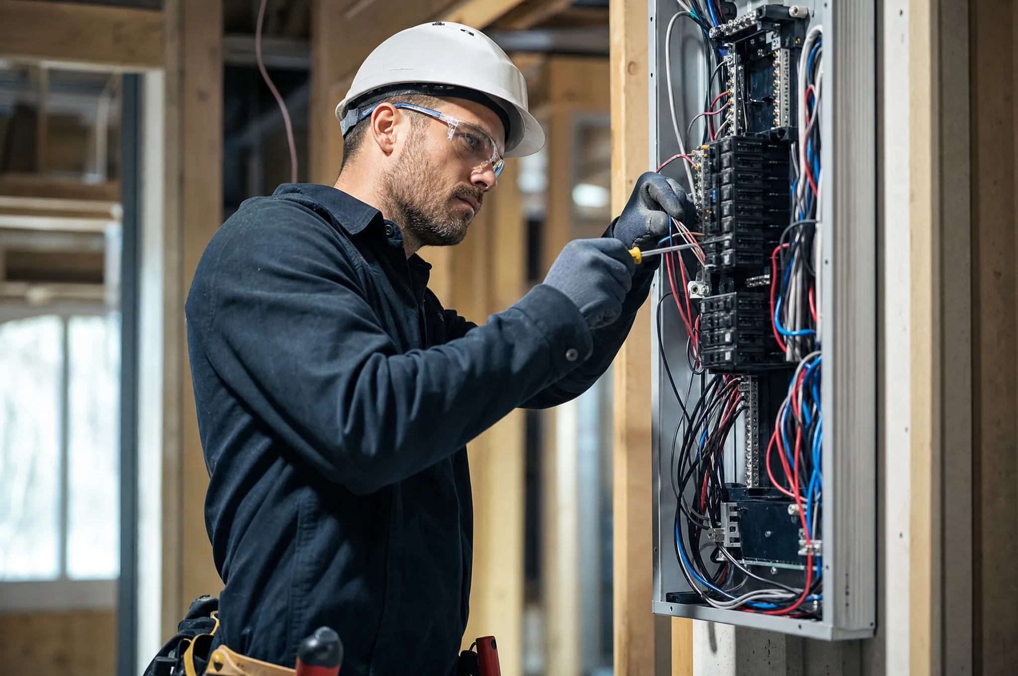A specialty-trade electrician wiring an electrical panel inside a building under construction.