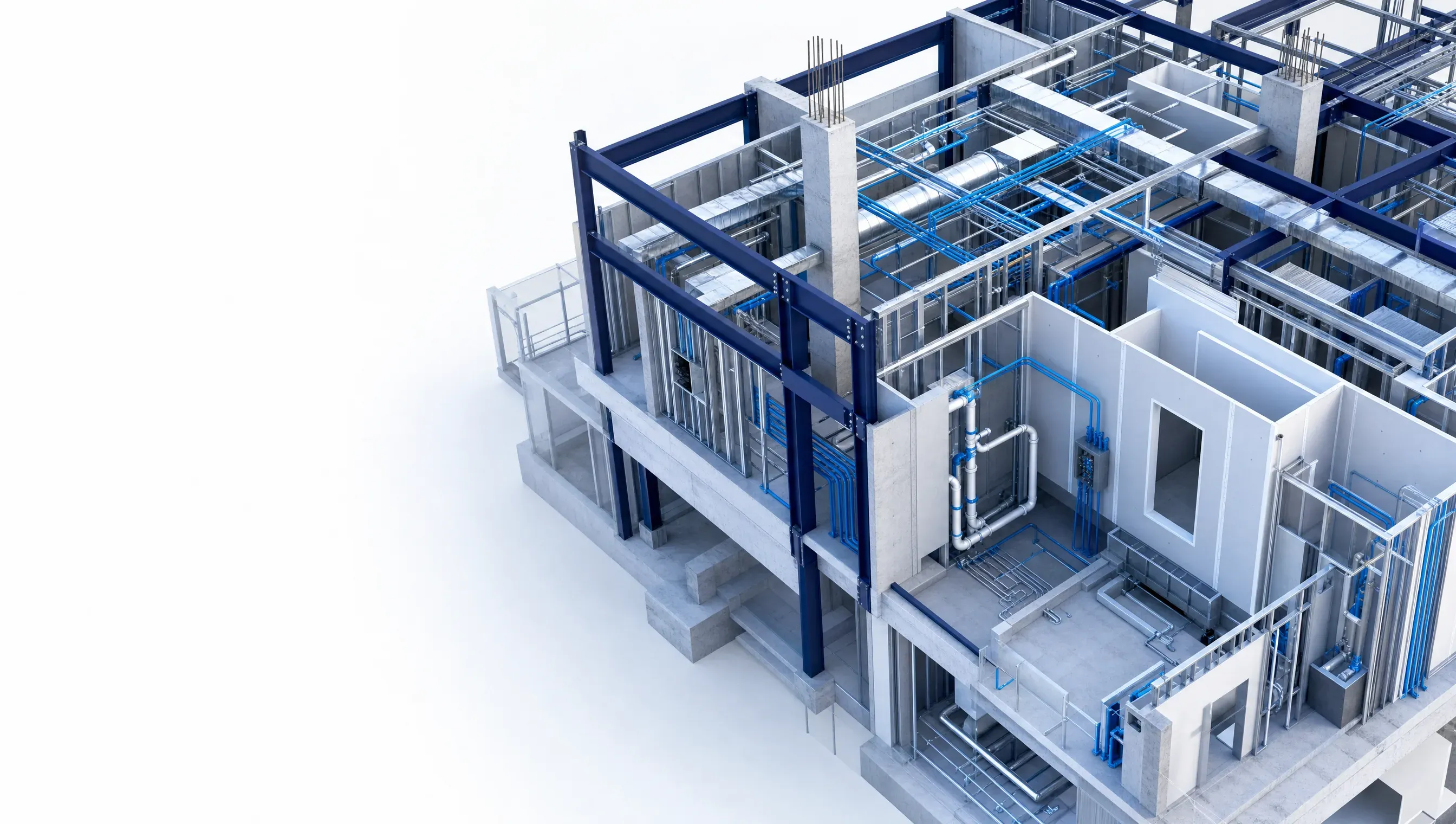 Premium 3D render of a building assembly showing electrical, plumbing, mechanical, concrete, steel, and interior trades working together