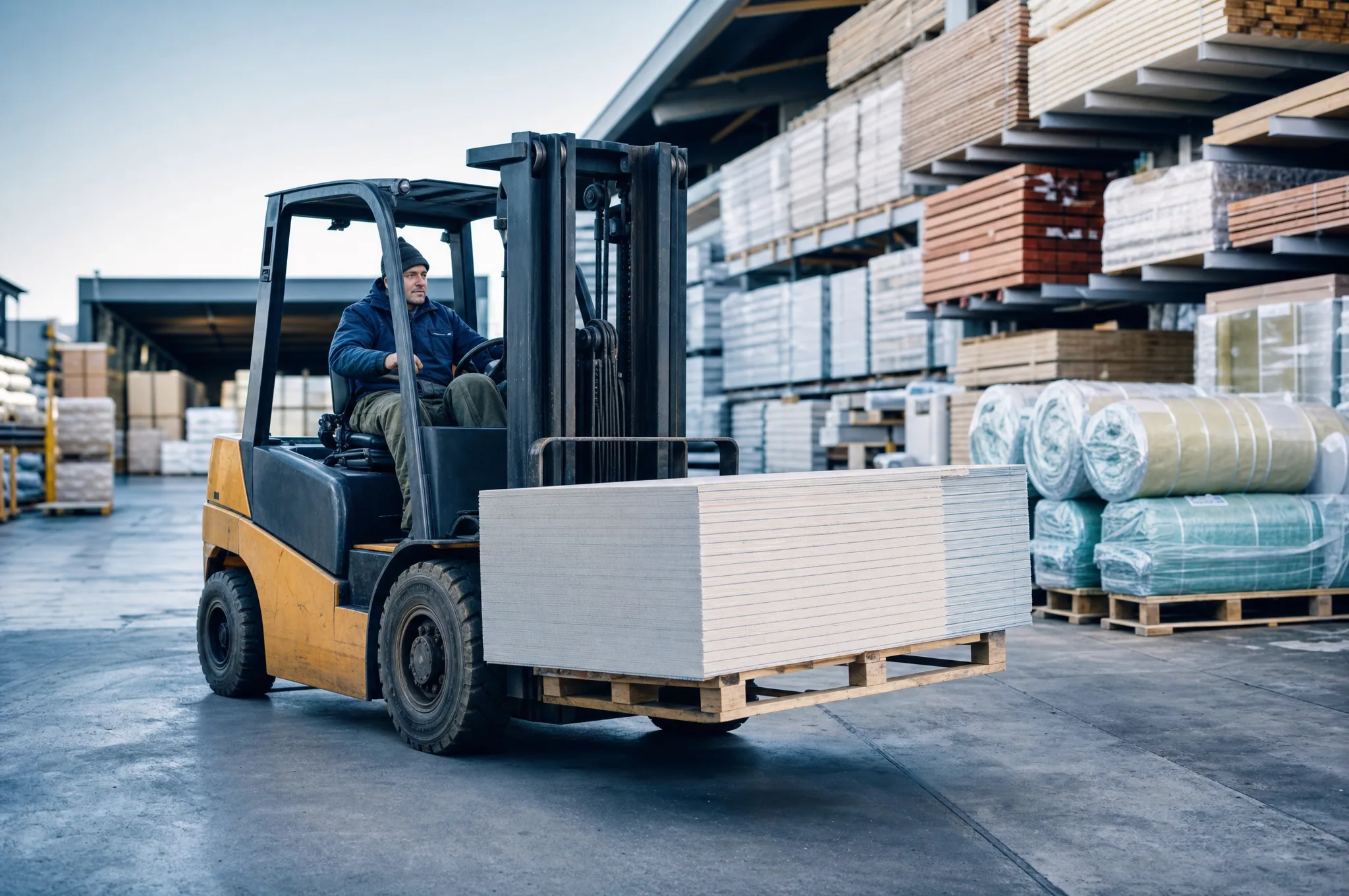 A forklift moving stacked pallets of building materials in a supply yard warehouse.
