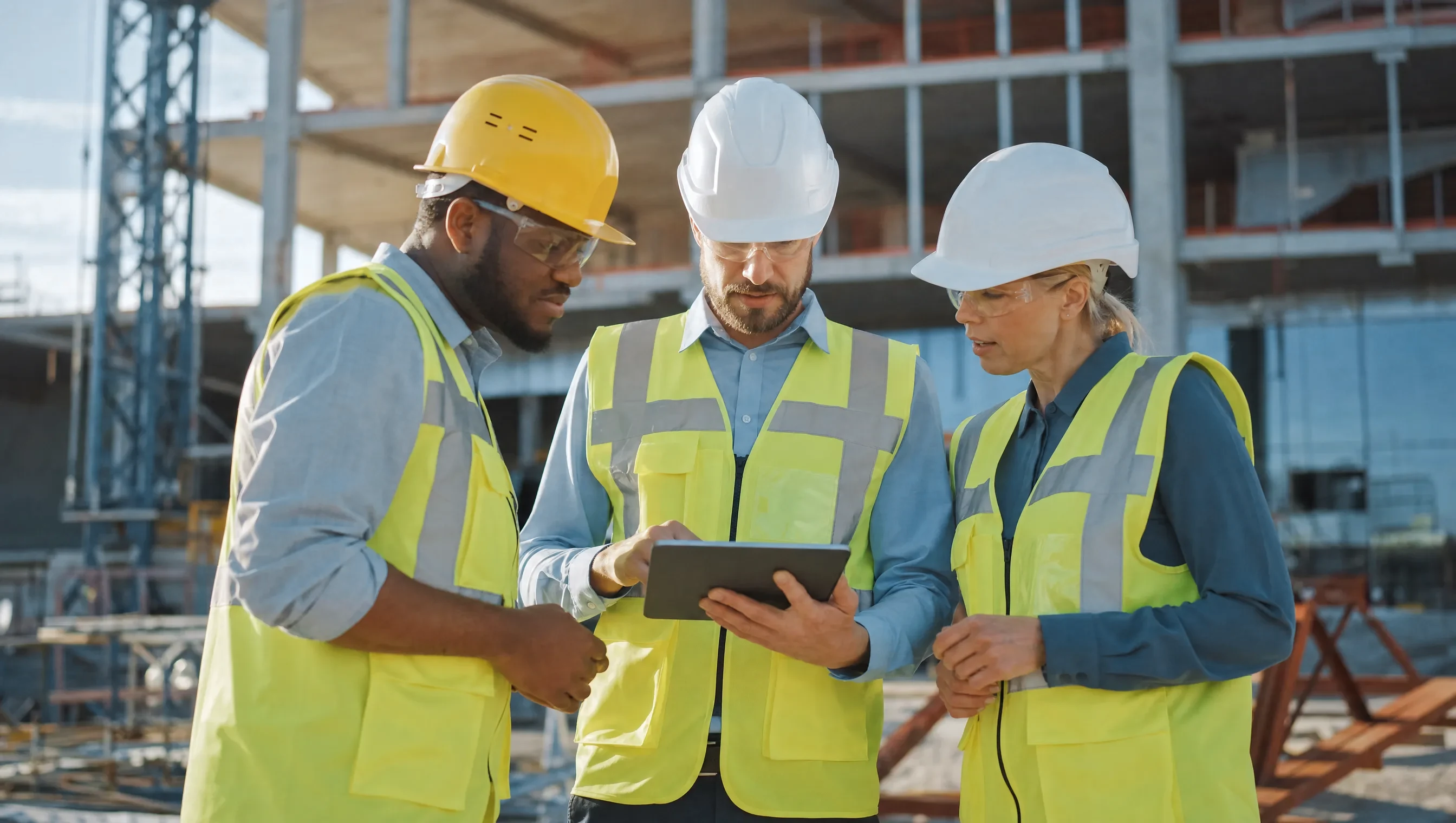 Construction professionals reviewing project details together