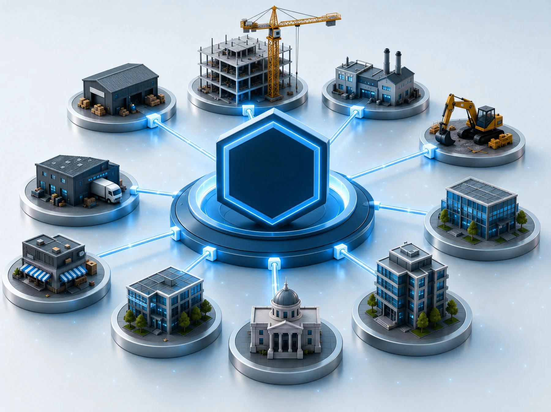 Ten categories of construction business — contractors, suppliers, manufacturers, equipment providers, distributors, technology companies, merchant partners, professional services, public sector, and owners and developers — connected to the BuiltXP Network hub.