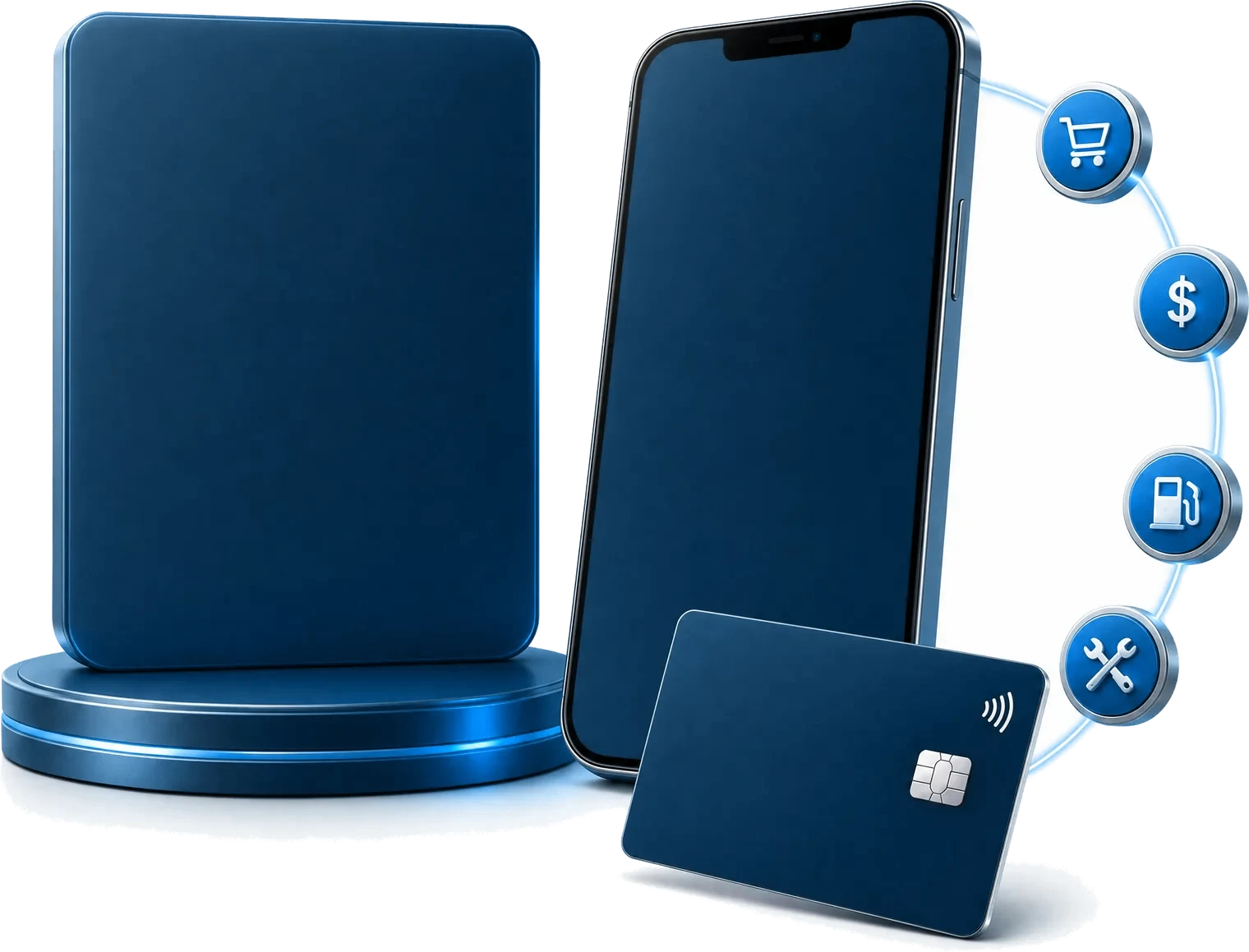 The BuiltXP Rewards panel, mobile app and rewards card, ringed by equipment, spend, fuel and services icons